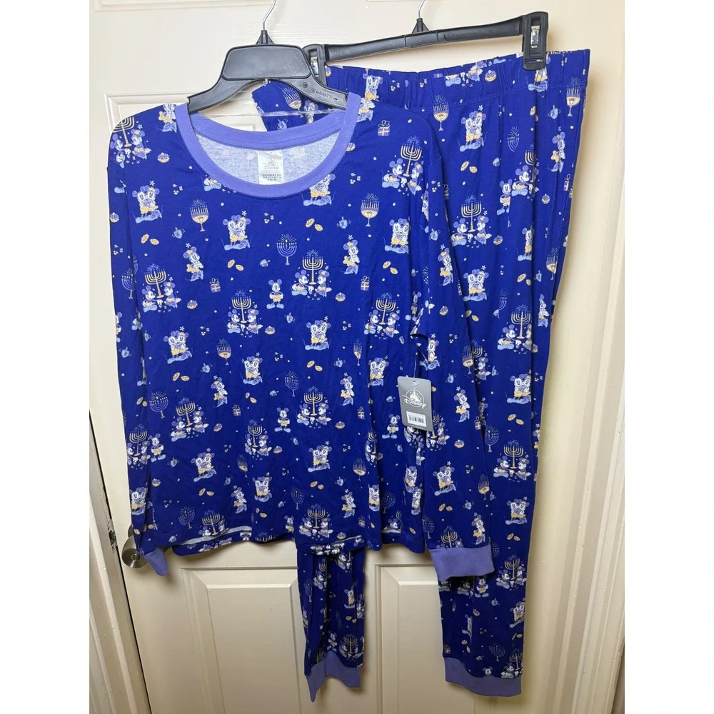 Disney Mickey Minnie Mouse Hanukkah Pajama Set XL Blue Menorah Dreidel Holiday